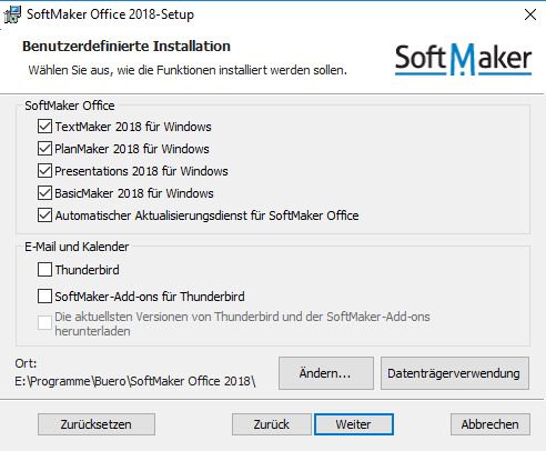 SoftMaker Office 2018, benutzerdefinierte Installation