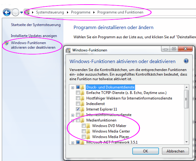 Medienfunktionen in Windows 7 deaktivieren